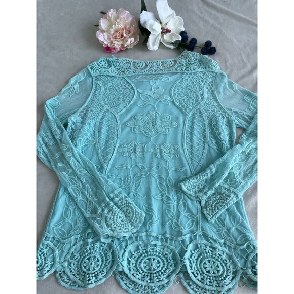 Aqua Lace Embroidered Blair Top Crochet Hem Cottagecore Dainty Fairycore Size M - Picture 2 of 10